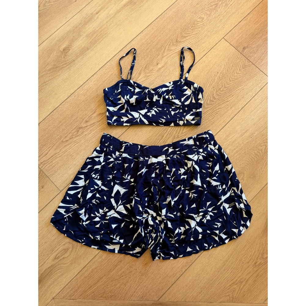 Roxy Womens Navy White Leaf Print 2 Piece Crop Top and Shorts Set XS Tropical